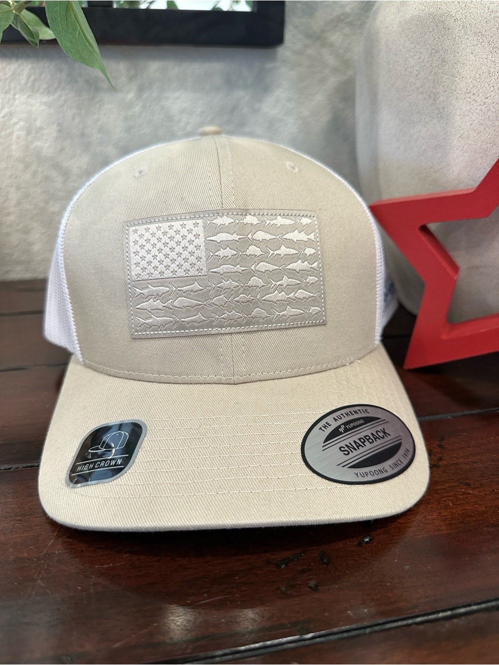 Columbia Tan and White Mesh Snapback Hat with Embossed Fish Flag Patch